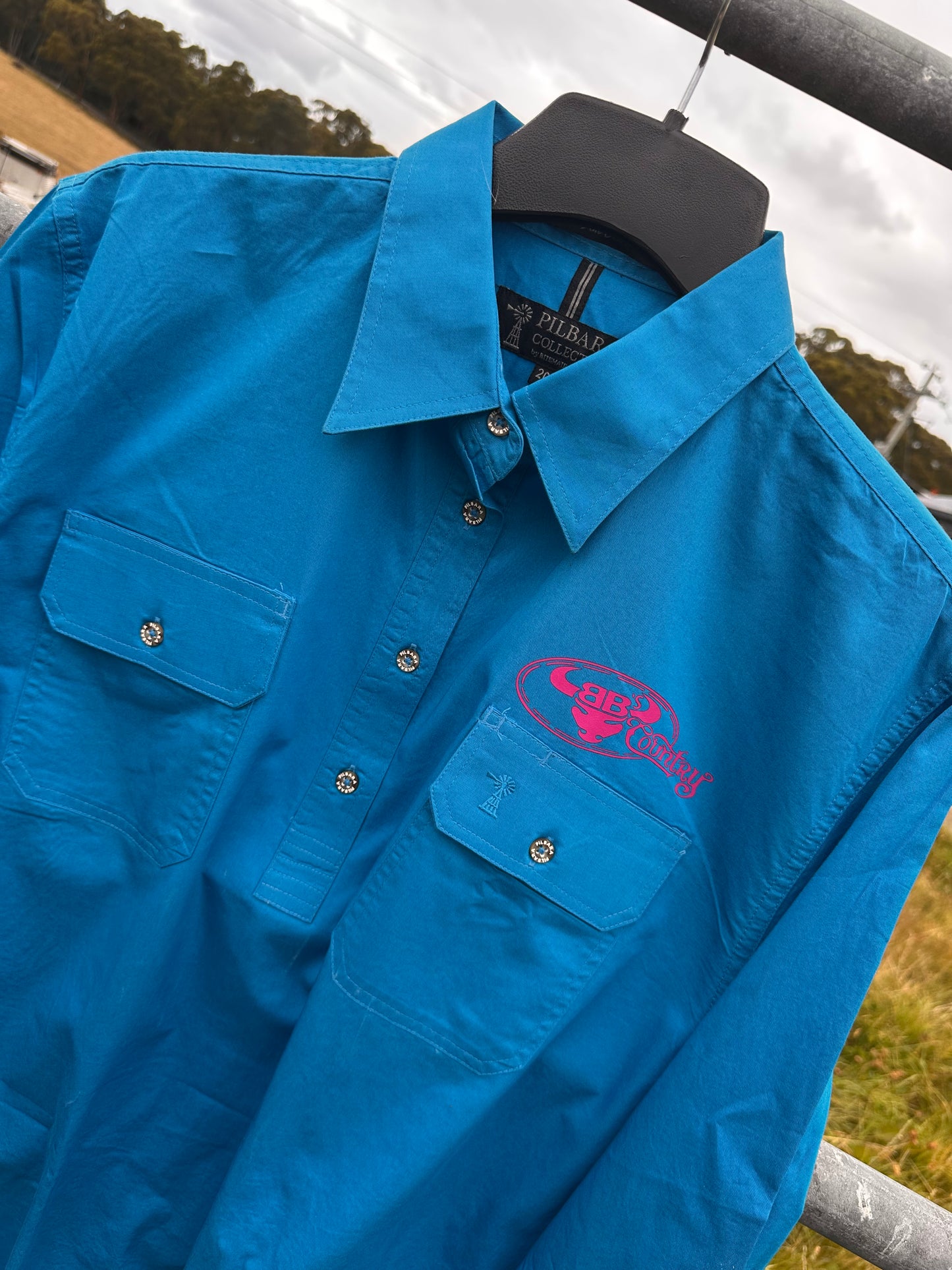 BB’s Country Signature Work Shirt - Azure With Hot Pink Logo