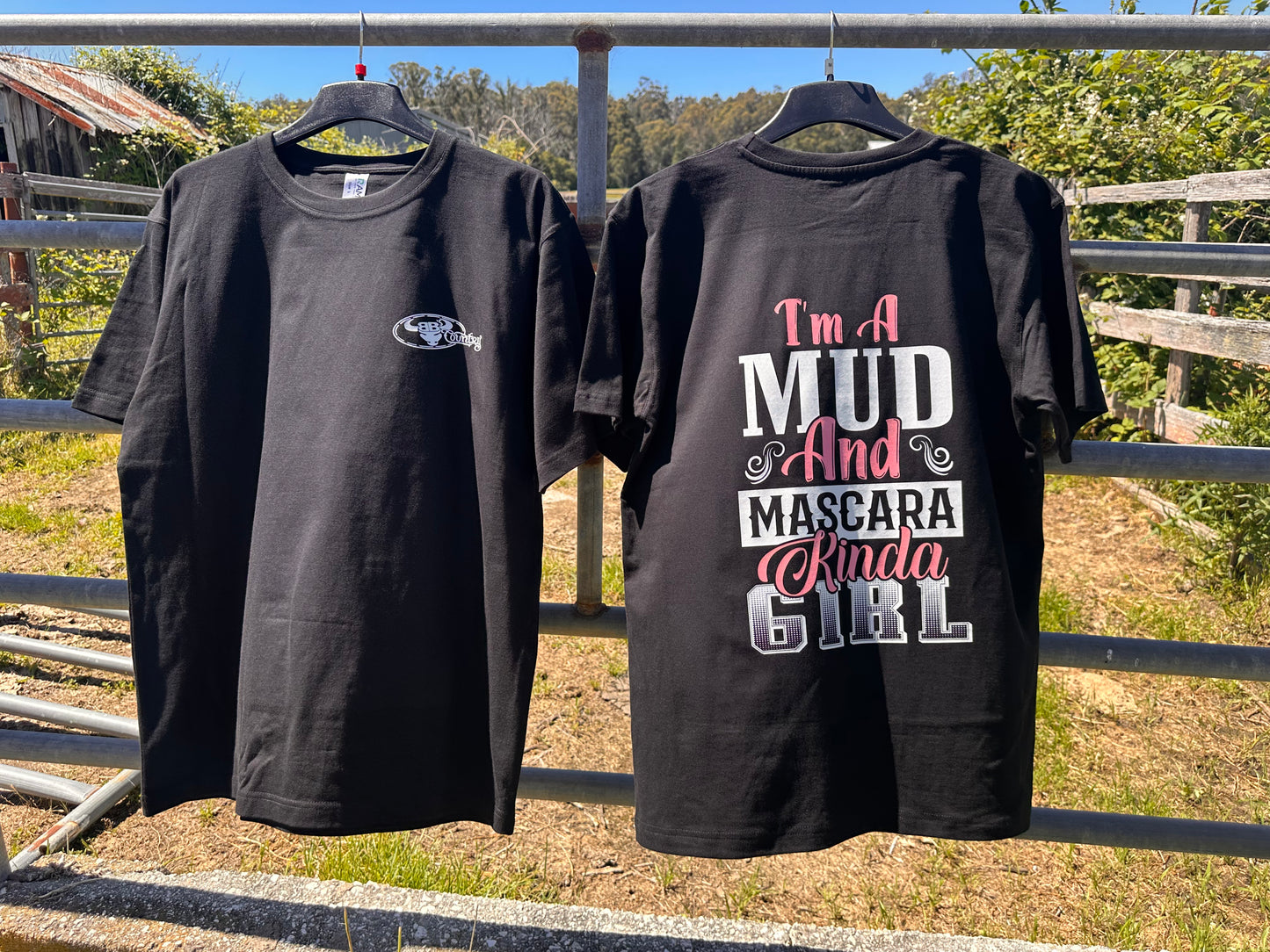 BB’s Country - I’m A Mud & Mascara Kinda Girl Hot Pink & White Print Tee