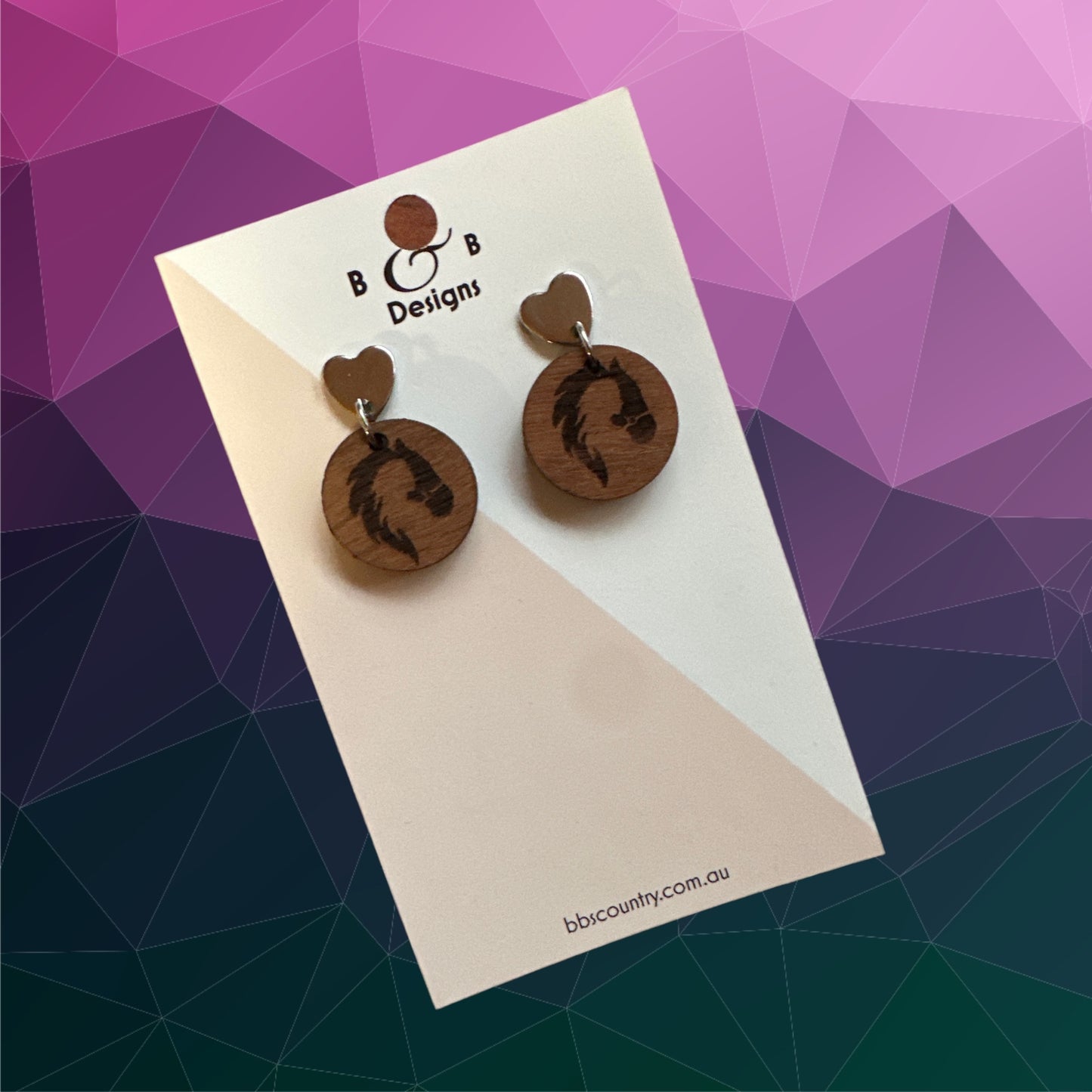 Earrings - Red Gum Wood Horse Lady Heart Stud