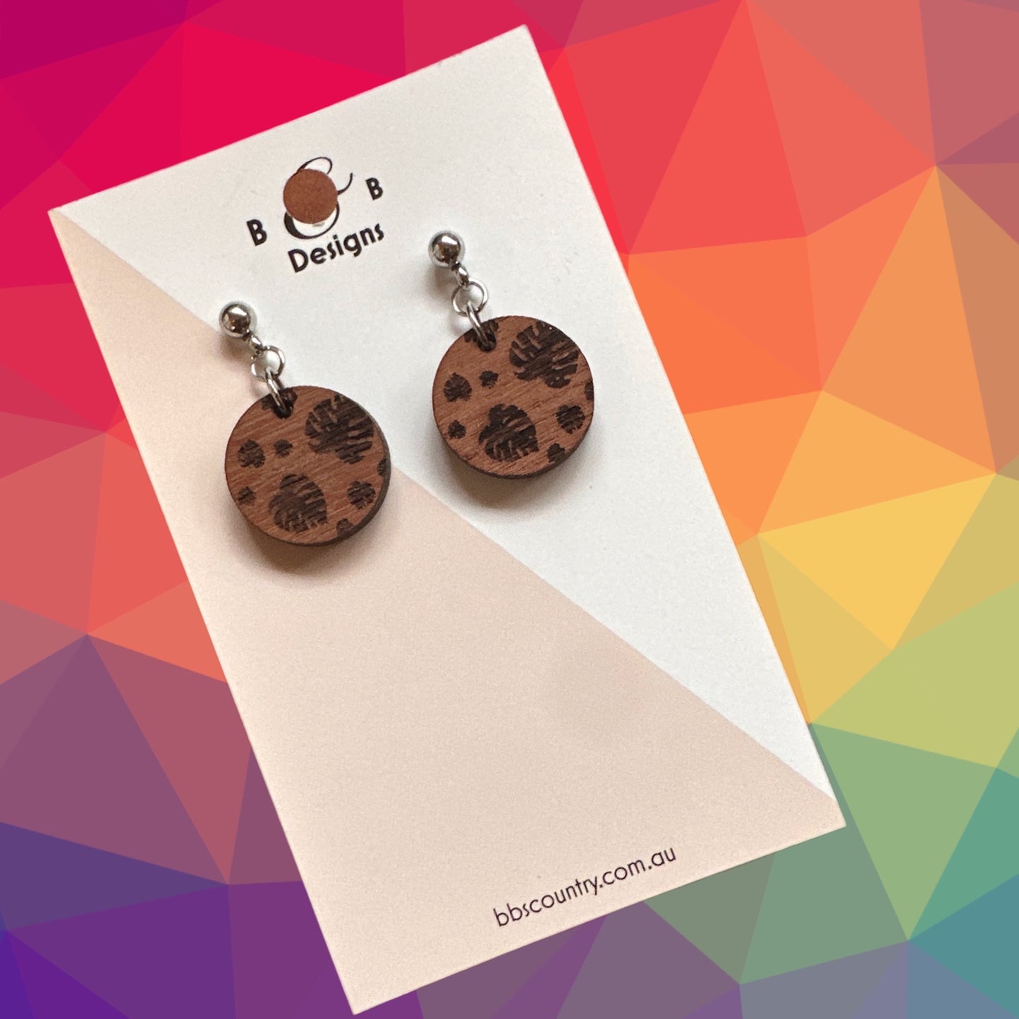 Earrings - Red Gum Wood Monstera 2 Stud With Ball