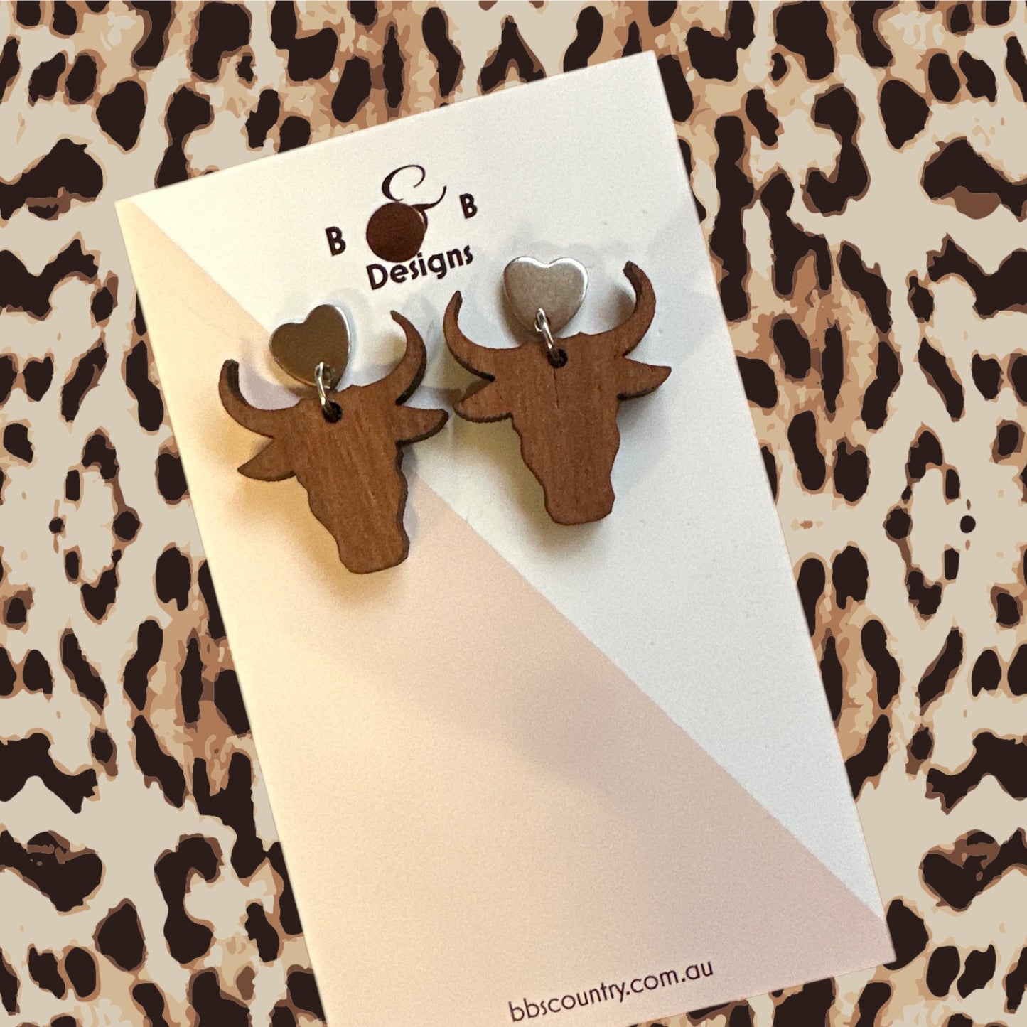 Earring - Red Gum Wood Bull Head Heart Stud