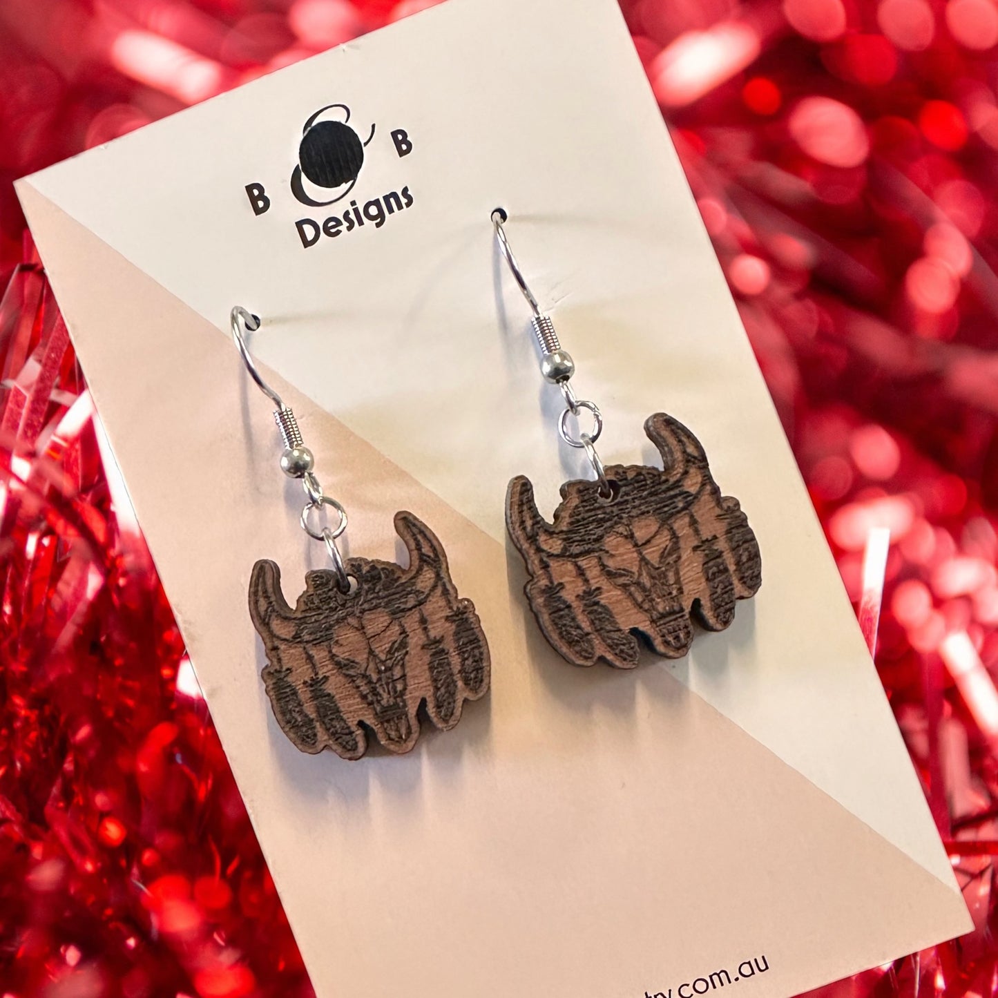 Earring - Bull Face With Feather Dangle