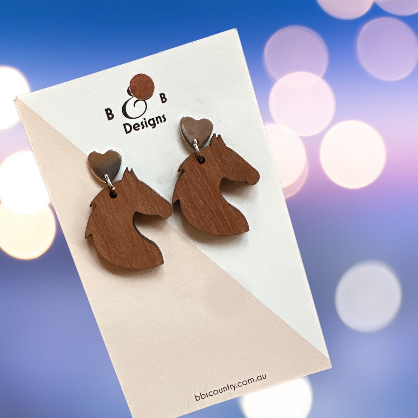 Earring - Red Gum Wood Horse Head Stud With A Heart