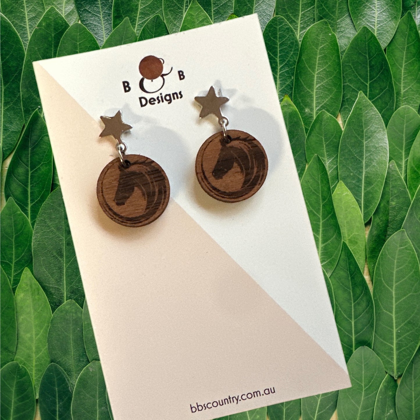 Earrings - Red Wood Swirl Horse Stud With Star