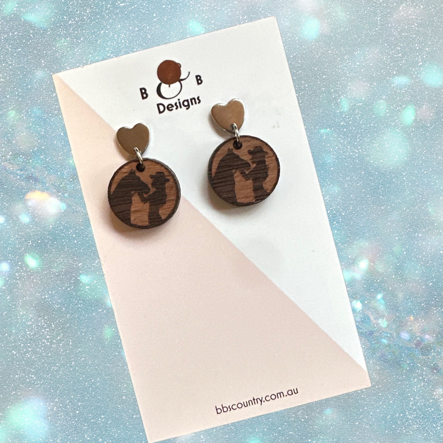 Earrings - Red Gum Wood Horse & Lady Stud Heart