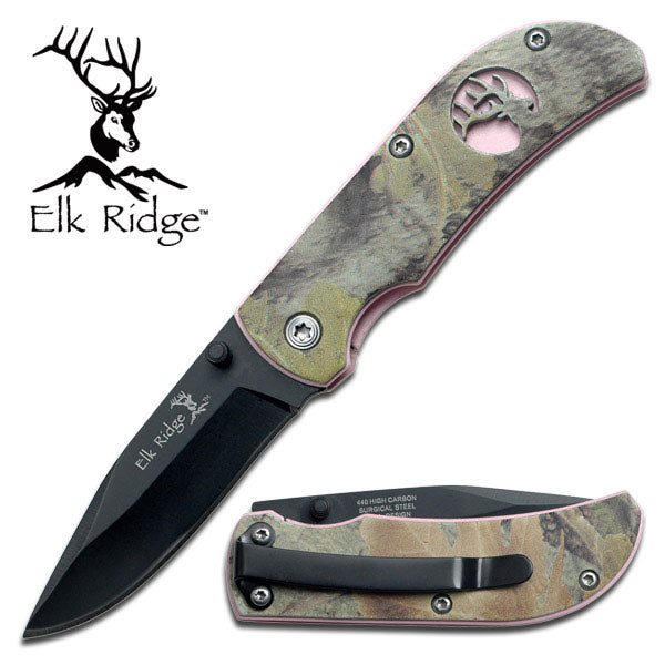 Elk Ridge ER-120 PINK HANDLE WITH CAMO OVERLAY ELK CUTOUT