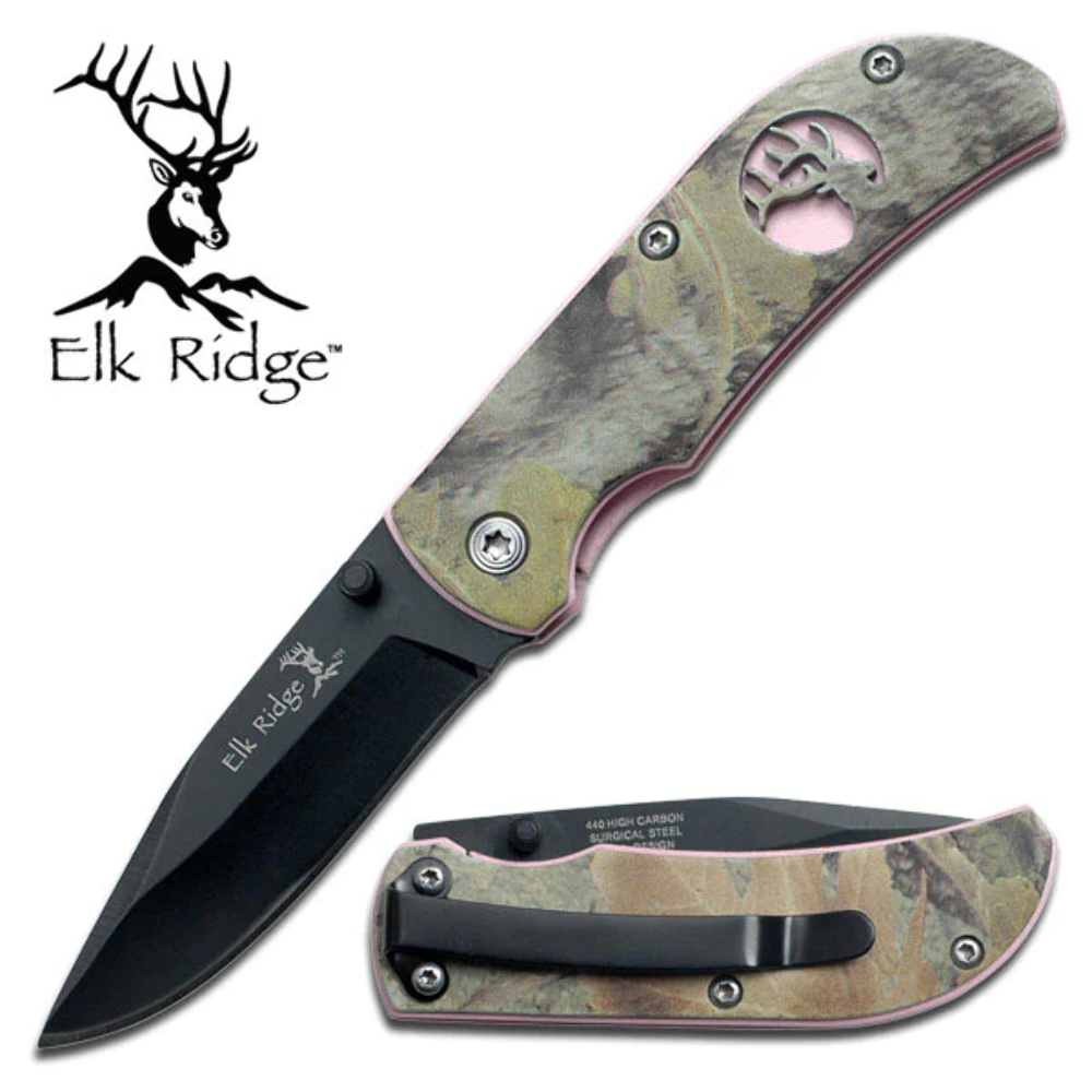 Elk Ridge ER-120 PINK HANDLE WITH CAMO OVERLAY ELK CUTOUT