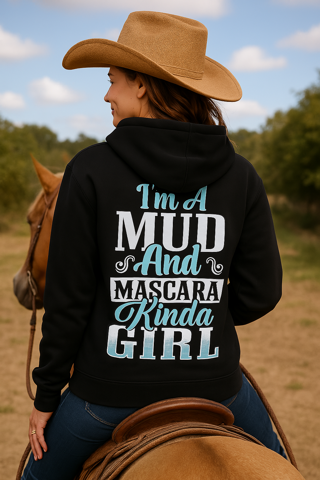 BB’s Country - I’m A Mud & Mascara Kinda Girl Hoodie Aqua & White Print