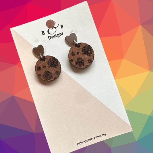 Earrings - Red Gum Wood Monstera 2 Stud With Heart