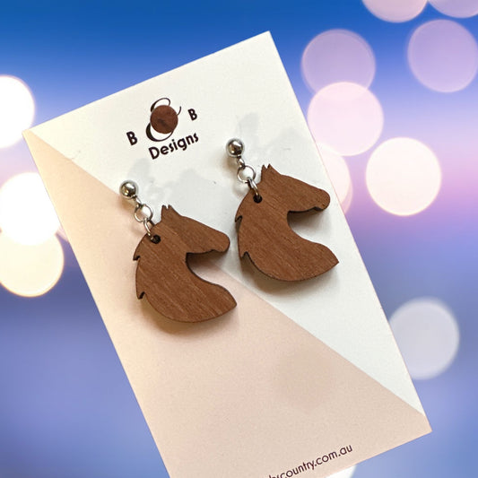 Earring - Red Gum Wood Horse Head Stud With A Ball