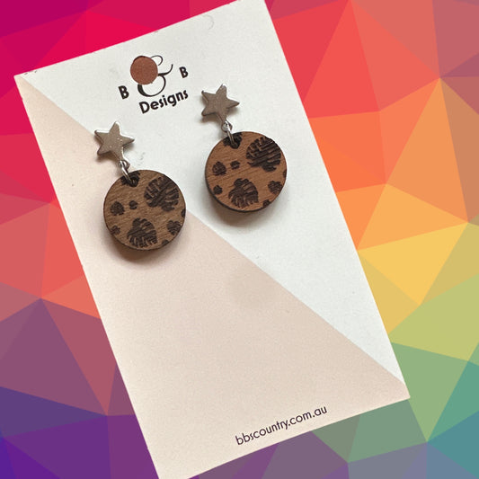 Earrings - Red Gum Wood Monstera 2 Stud With Star