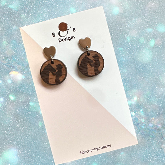 Earrings - Red Gum Wood Horse & Lady Stud Heart