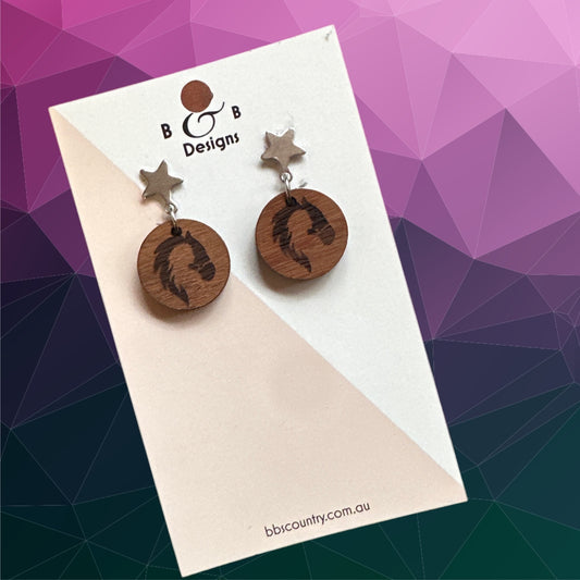 Earrings - Red Gum Wood Horse Lady Star Stud