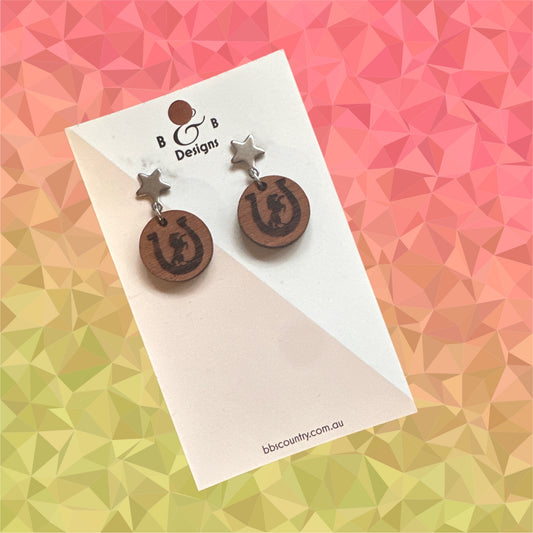 Earrings - Red Gum Wood Raring Horse Star Stud