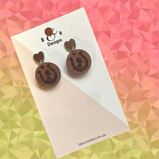 Earrings - Red Gum Wood Raring Horse Heart Stud