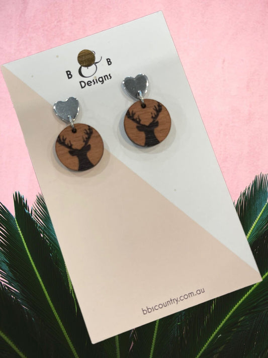 Earrings - Red Gum Wood Deer Stud With Heart