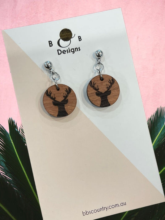 Earrings - Red Gum Wood Deer Stud With Ball