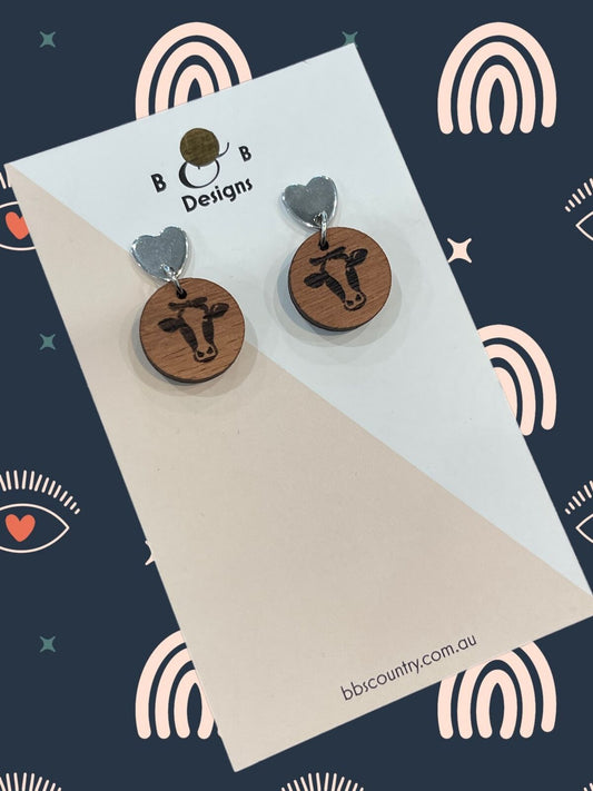 Earring - Red Gum Wood Cow Face Stud With Hearts