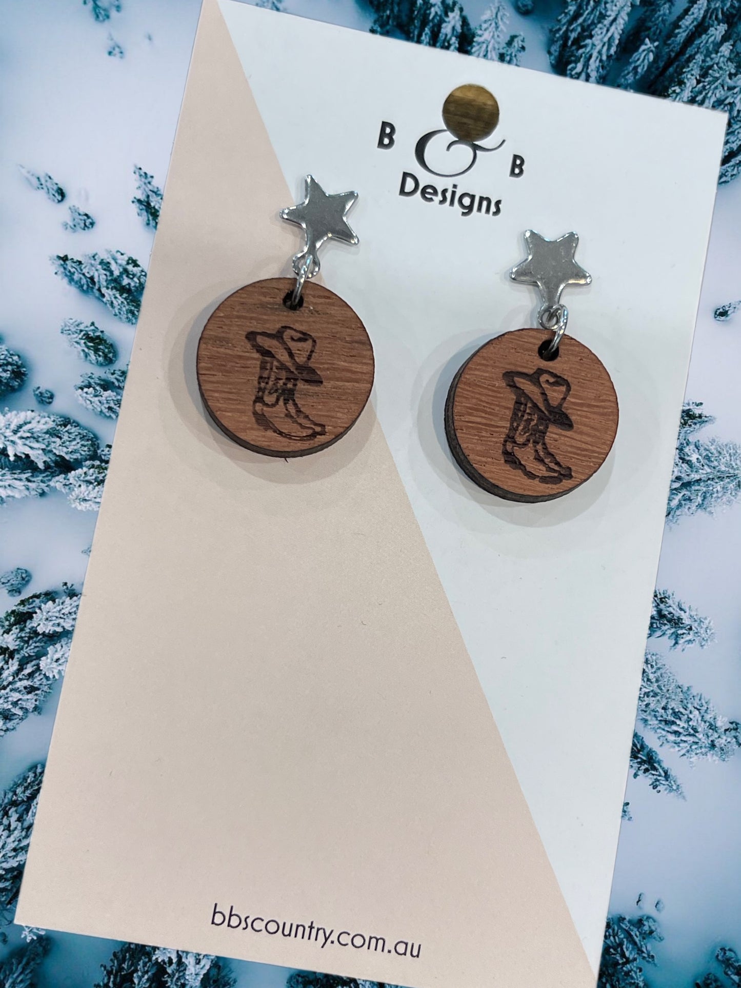 Red Gum Wood Western Boot Earrings Stud With Star