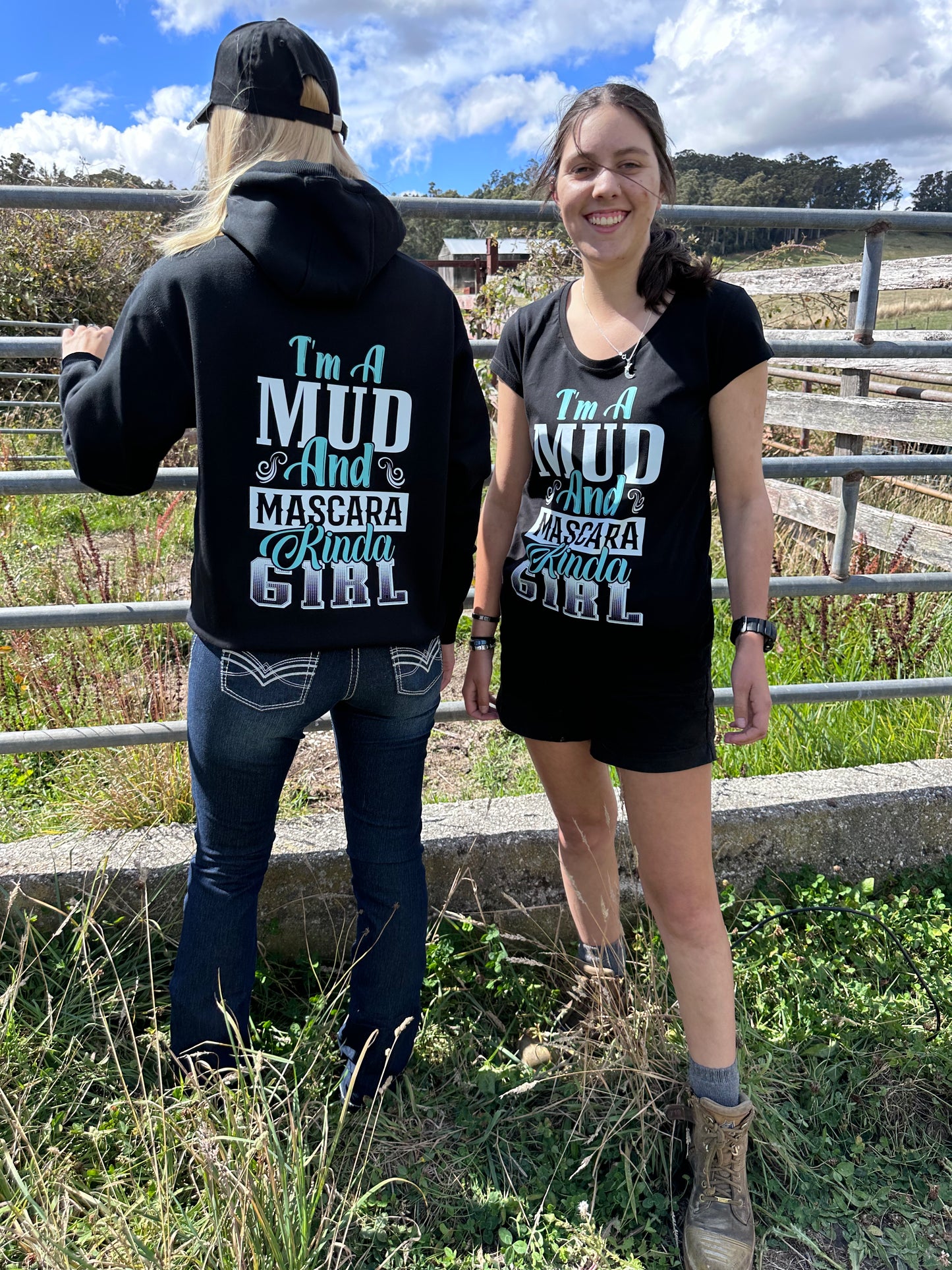 BB’s Country - I’m A Mud & Mascara Kinda Girl Hoodie Aqua & White Print