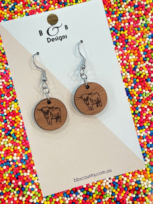 Red Gum Wood Highland Cow Hook Dangle Earrings